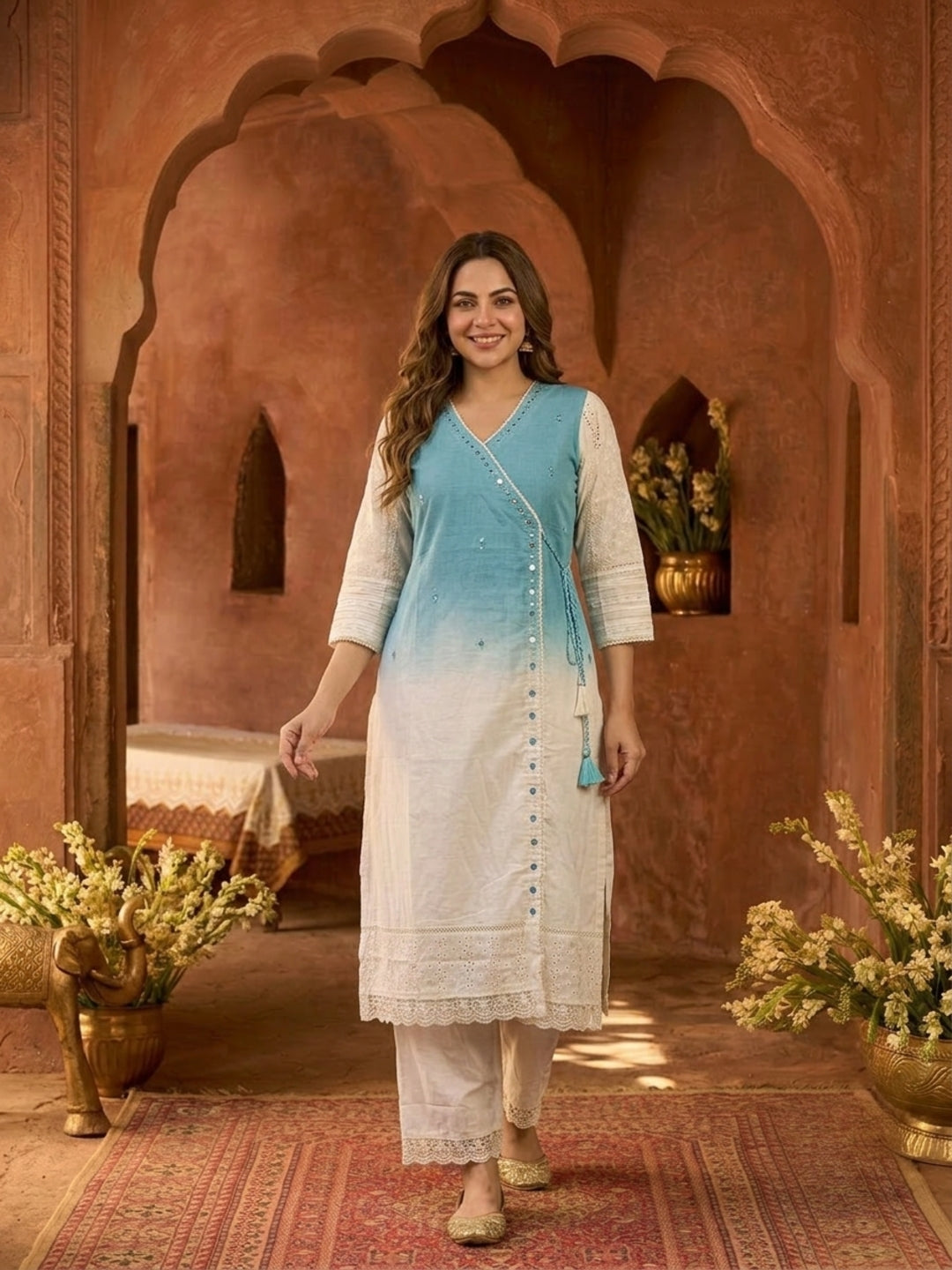 Sky Blue Ombre Dyed Cotton A-Line Kurta Set with Mirror Work, Off White Palazzo & Dupatta