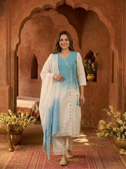 Sky Blue Ombre Dyed Cotton A-Line Kurta Set with Mirror Work, Off White Palazzo & Dupatta