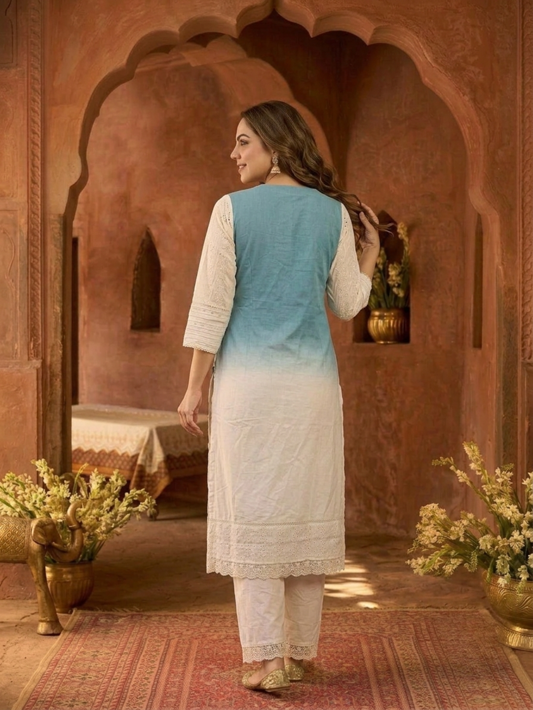 Sky Blue Ombre Dyed Cotton A-Line Kurta Set with Mirror Work, Off White Palazzo & Dupatta