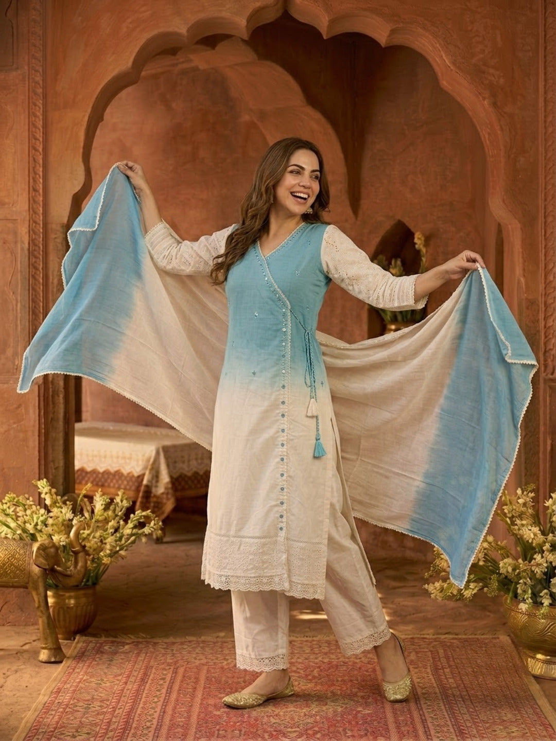 Sky Blue Ombre Dyed Cotton A-Line Kurta Set with Mirror Work, Off White Palazzo & Dupatta