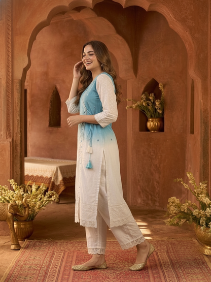 Sky Blue Ombre Dyed Cotton A-Line Kurta Set with Mirror Work, Off White Palazzo & Dupatta