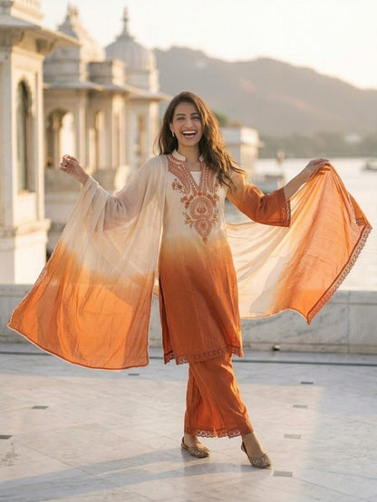 Orange Ombre Dyed Cotton A-Line Kurta Set with Mirror Work, Palazzo & Dupatta