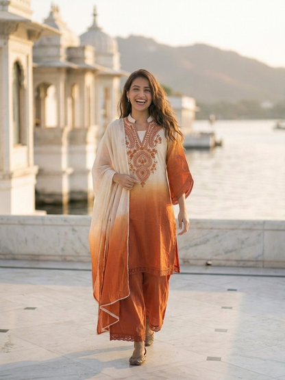 Orange Ombre Dyed Cotton A-Line Kurta Set with Mirror Work, Palazzo & Dupatta