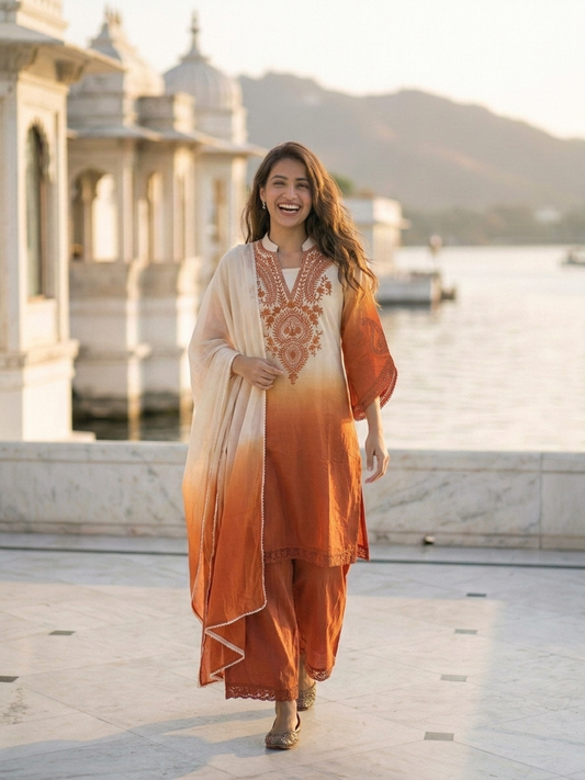 Orange Ombre Dyed Cotton A-Line Kurta Set with Mirror Work, Palazzo & Dupatta