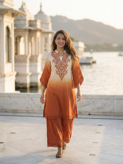 Orange Ombre Dyed Cotton A-Line Kurta Set with Mirror Work, Palazzo & Dupatta