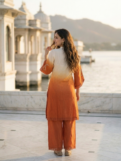 Orange Ombre Dyed Cotton A-Line Kurta Set with Mirror Work, Palazzo & Dupatta