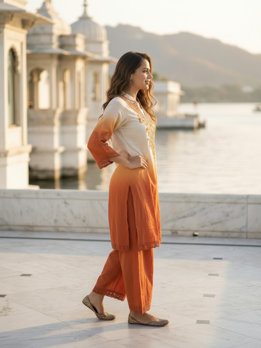 Orange Ombre Dyed Cotton A-Line Kurta Set with Mirror Work, Palazzo & Dupatta