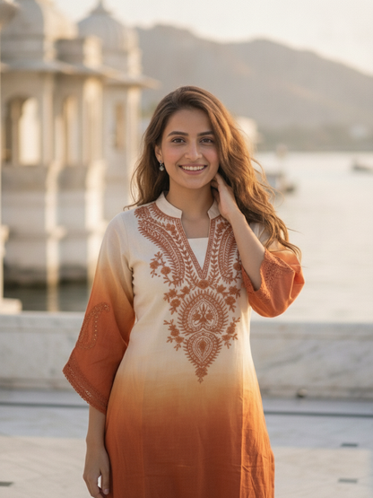 Orange Ombre Dyed Cotton A-Line Kurta Set with Mirror Work, Palazzo & Dupatta