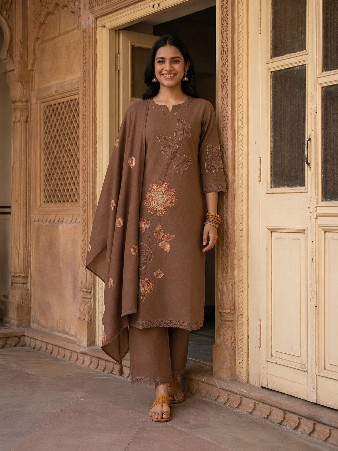 Brown Solid Cotton Straight Kurta Set with Floral Zari & Resham Embroidery, Pant & Dupatta