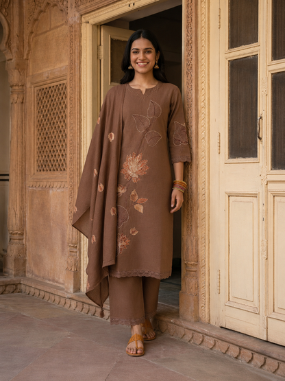 Brown Solid Cotton Straight Kurta Set with Floral Zari & Resham Embroidery, Pant & Dupatta