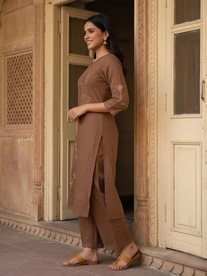 Brown Solid Cotton Straight Kurta Set with Floral Zari & Resham Embroidery, Pant & Dupatta