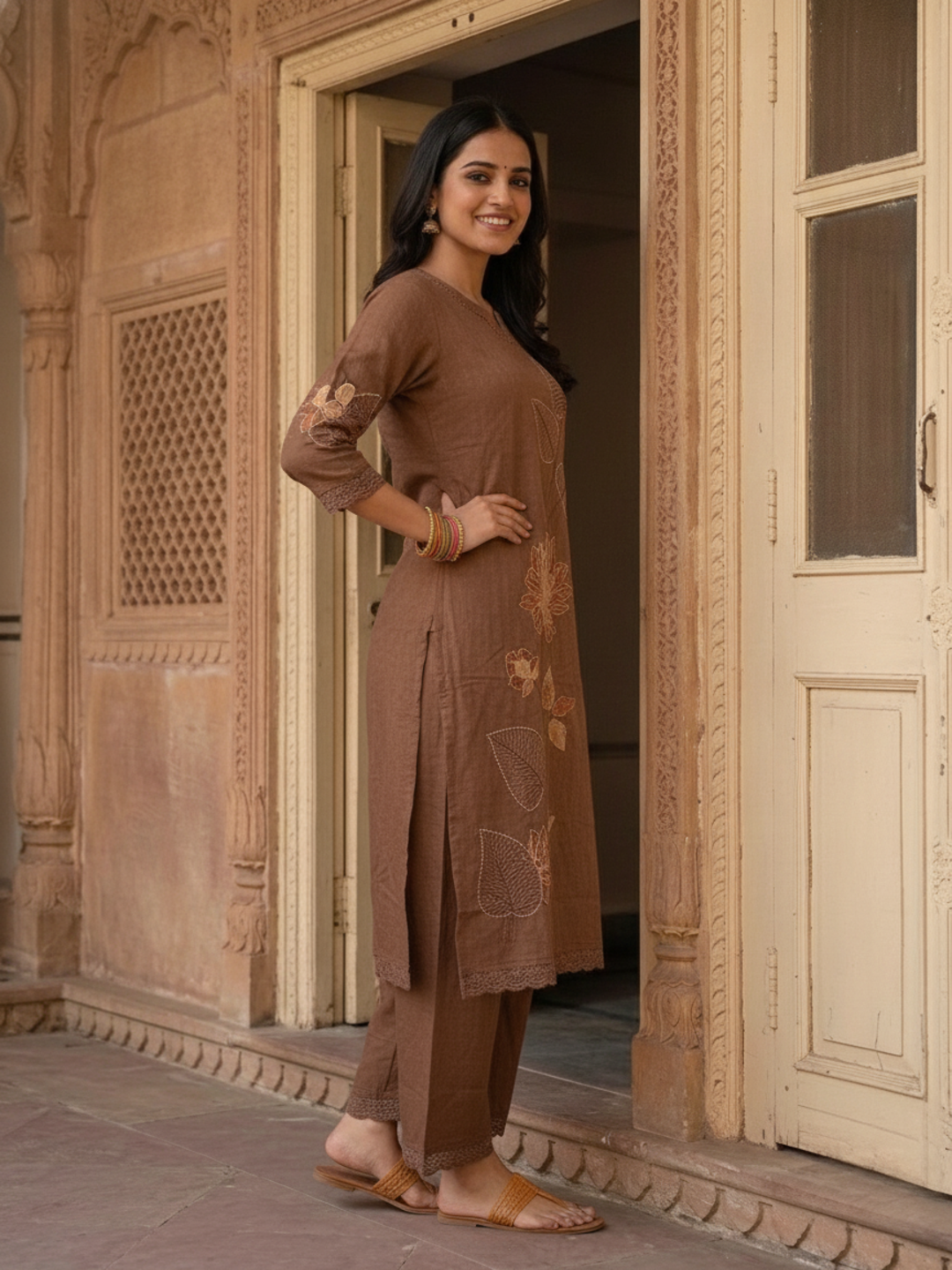 Brown Solid Cotton Straight Kurta Set with Floral Zari & Resham Embroidery, Pant & Dupatta