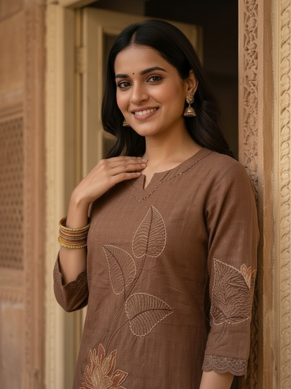 Brown Solid Cotton Straight Kurta Set with Floral Zari & Resham Embroidery, Pant & Dupatta