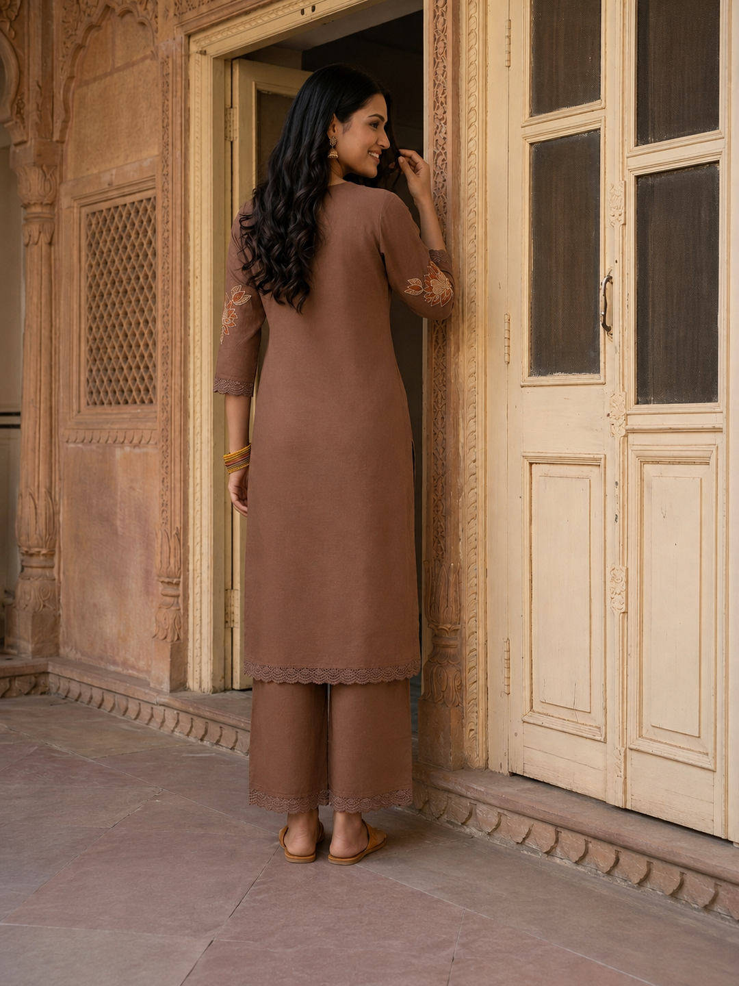 Brown Solid Cotton Straight Kurta Set with Floral Zari & Resham Embroidery, Pant & Dupatta