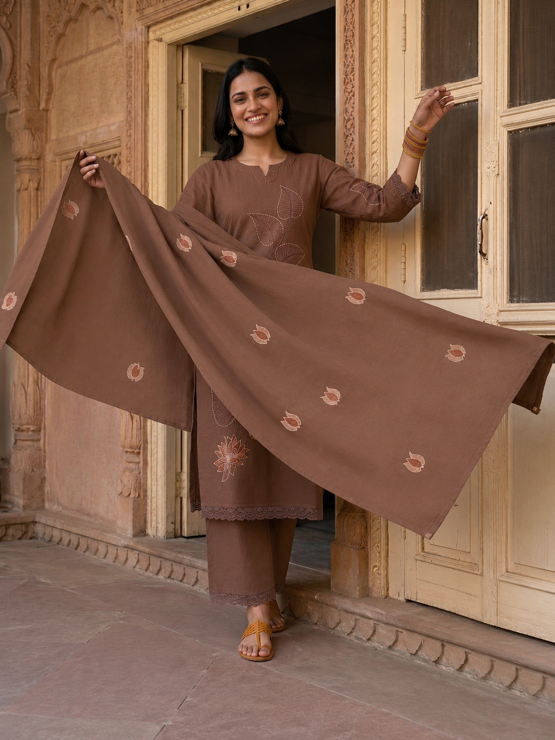 Brown Solid Cotton Straight Kurta Set with Floral Zari & Resham Embroidery, Pant & Dupatta