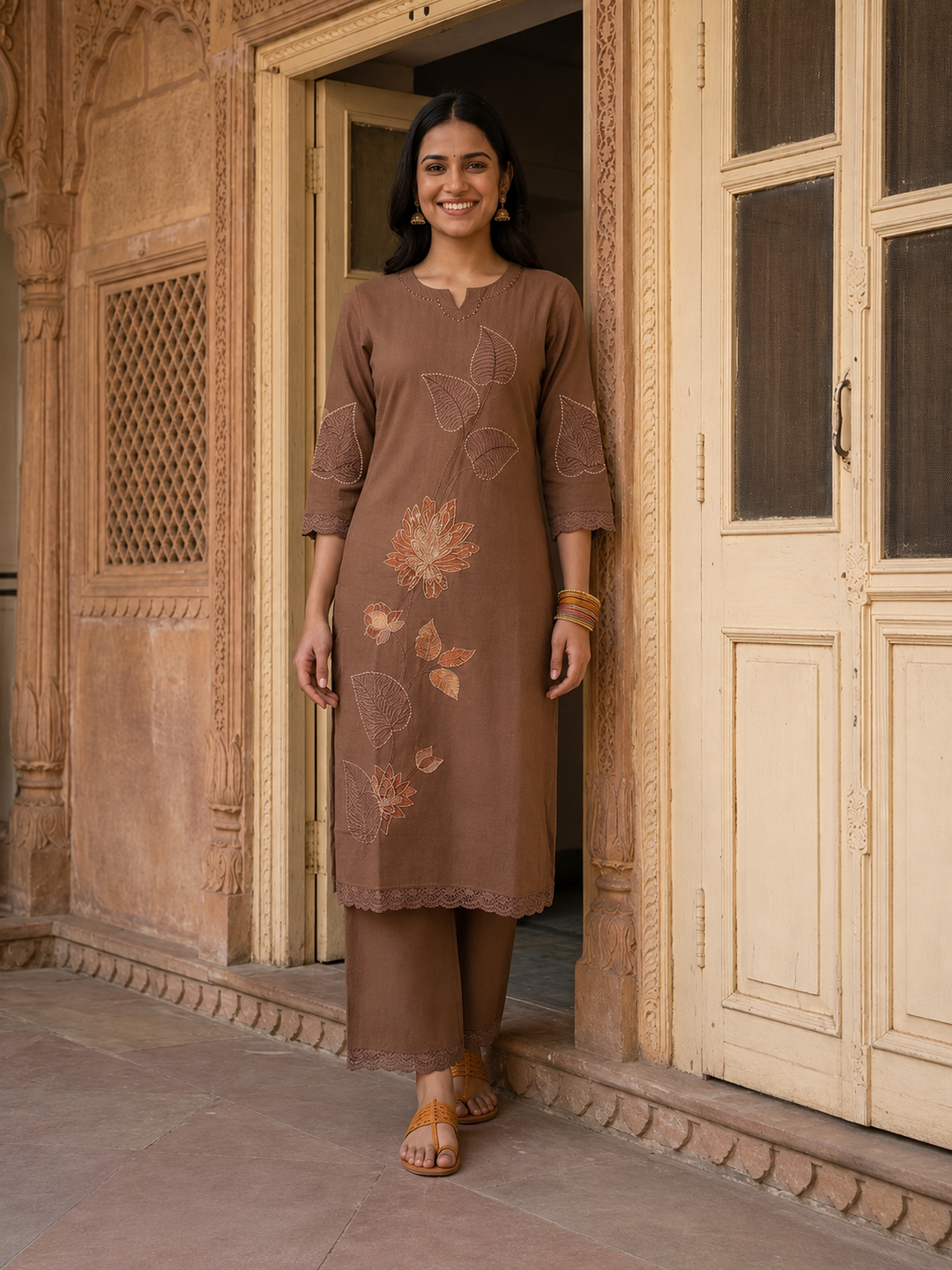 Brown Solid Cotton Straight Kurta Set with Floral Zari & Resham Embroidery, Pant & Dupatta