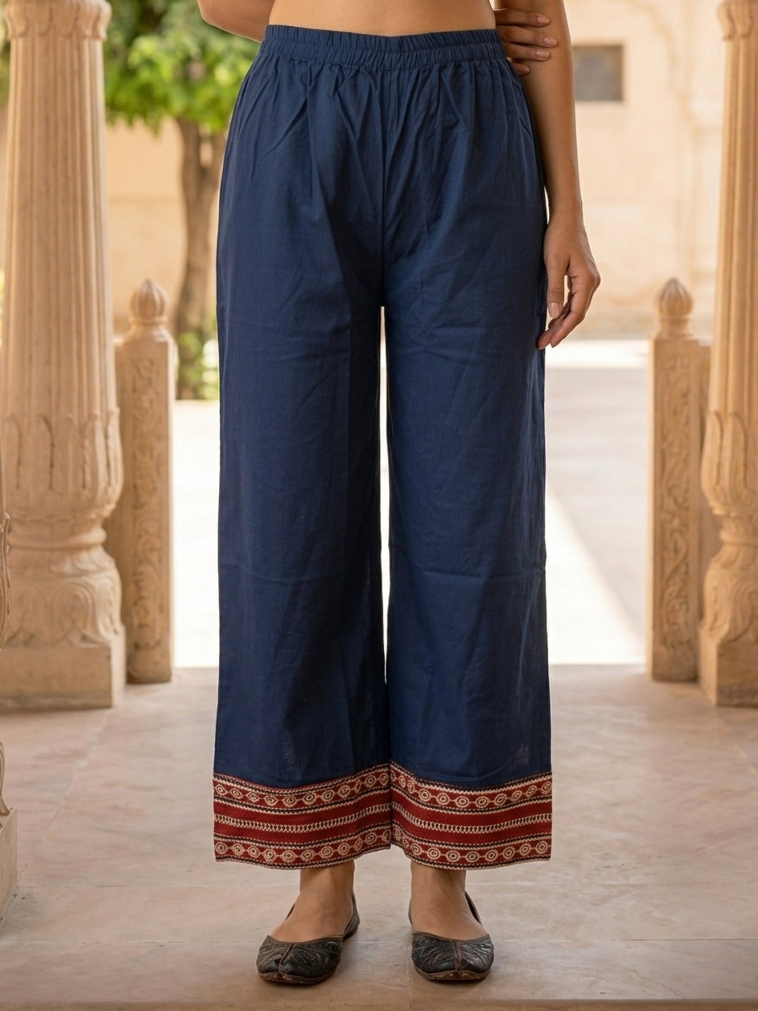 Maroon Geometric & Floral Print Cotton Blend Straight Kurta Set with Navy Blue Pants & Dupatta