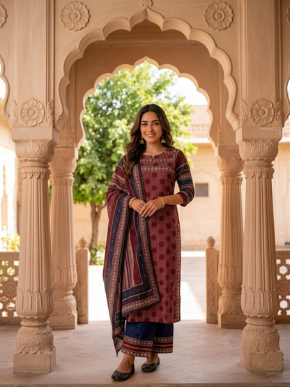 Maroon Geometric & Floral Print Cotton Blend Straight Kurta Set with Navy Blue Pants & Dupatta