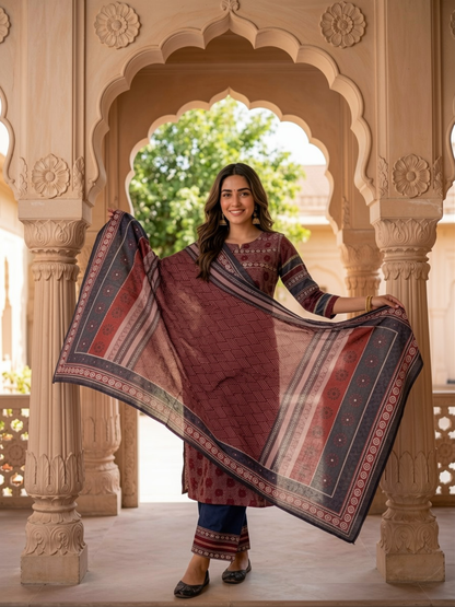 Maroon Geometric & Floral Print Cotton Blend Straight Kurta Set with Navy Blue Pants & Dupatta