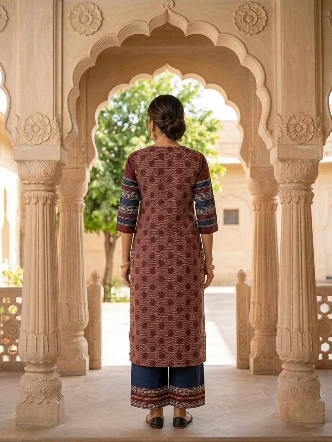 Maroon Geometric & Floral Print Cotton Blend Straight Kurta Set with Navy Blue Pants & Dupatta