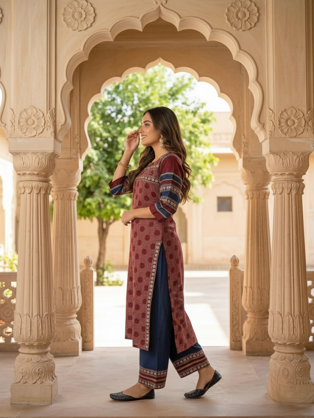 Maroon Geometric & Floral Print Cotton Blend Straight Kurta Set with Navy Blue Pants & Dupatta