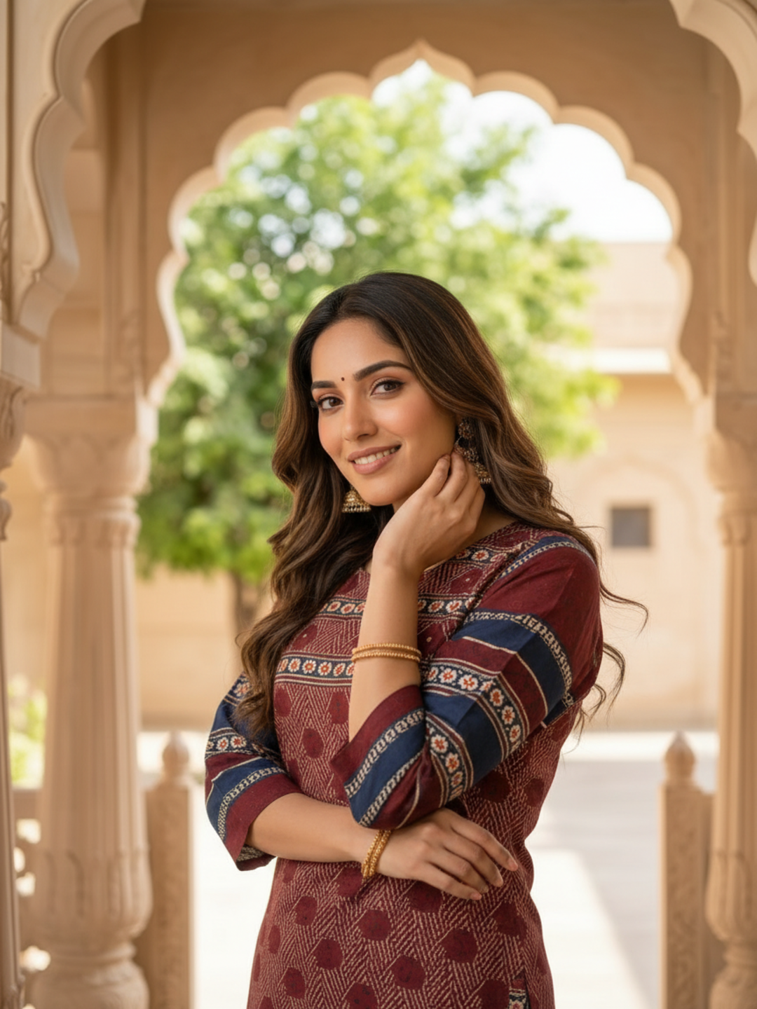 Maroon Geometric & Floral Print Cotton Blend Straight Kurta Set with Navy Blue Pants & Dupatta