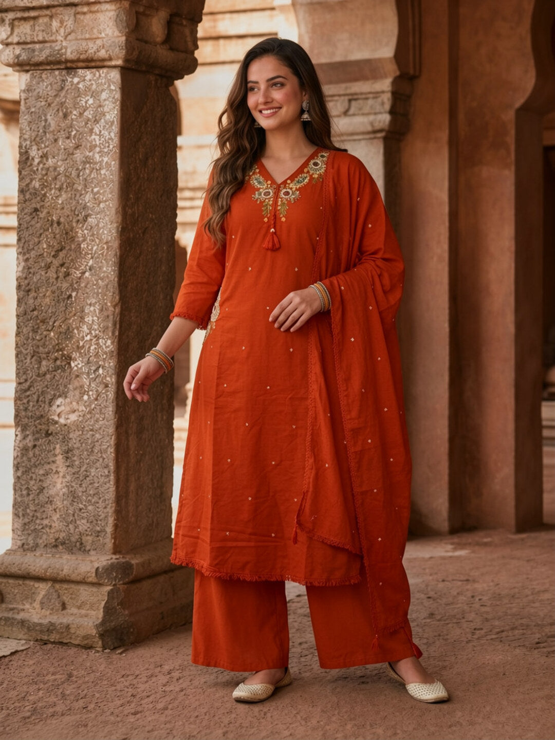 Rust Solid Cotton A-Line Kurta Set with Mirror, Bead & Resham Work, Palazzo & Dupatta
