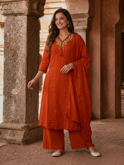 Rust Solid Cotton A-Line Kurta Set with Mirror, Bead & Resham Work, Palazzo & Dupatta