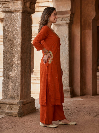Rust Solid Cotton A-Line Kurta Set with Mirror, Bead & Resham Work, Palazzo & Dupatta