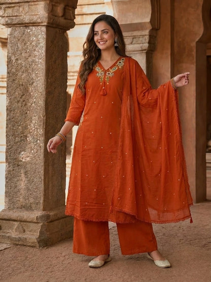 Rust Solid Cotton A-Line Kurta Set with Mirror, Bead & Resham Work, Palazzo & Dupatta