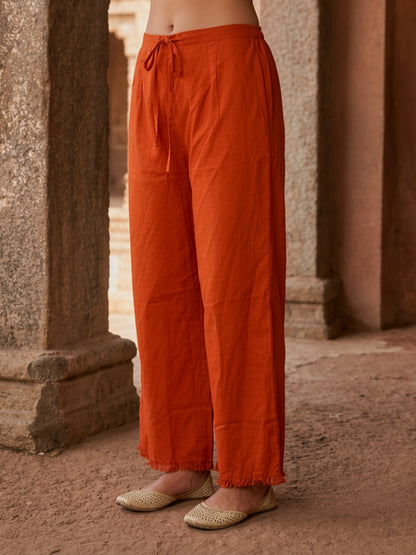 Rust Solid Cotton A-Line Kurta Set with Mirror, Bead & Resham Work, Palazzo & Dupatta