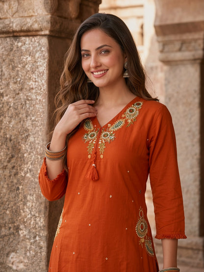 Rust Solid Cotton A-Line Kurta Set with Mirror, Bead & Resham Work, Palazzo & Dupatta