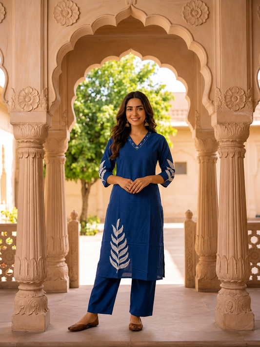 Blue Solid Cotton Straight Kurta Set with Floral Embroidery & Palazzo