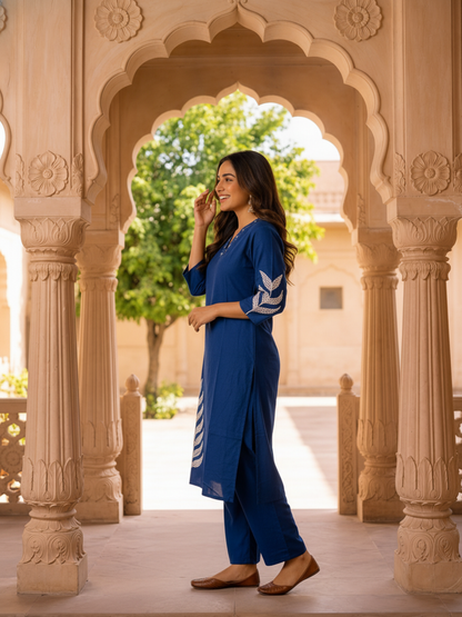 Blue Solid Cotton Straight Kurta Set with Floral Embroidery & Palazzo