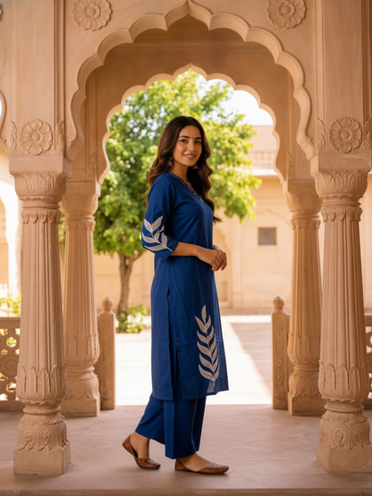 Blue Solid Cotton Straight Kurta Set with Floral Embroidery & Palazzo