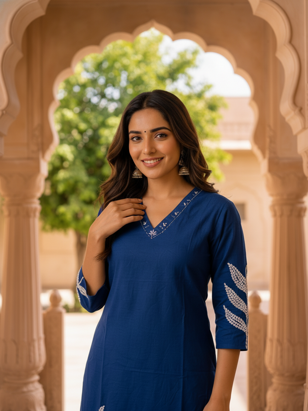 Blue Solid Cotton Straight Kurta Set with Floral Embroidery & Palazzo