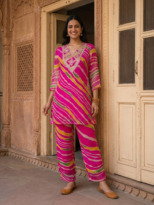 Pink Lehariya Print Chiffon A-Line Kurta Co-ord Set with Sequin & Mirror Work, Pant