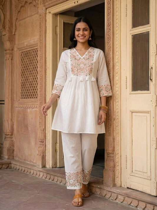 White Solid Cotton A-Line Pleated Kurta Set with Floral Threadwork Embroidery & Palazzo