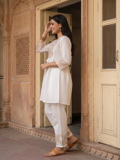 White Solid Cotton A-Line Pleated Kurta Set with Floral Threadwork Embroidery & Palazzo