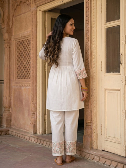 White Solid Cotton A-Line Pleated Kurta Set with Floral Threadwork Embroidery & Palazzo