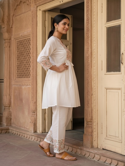 White Solid Cotton A-Line Pleated Kurta Set with Floral Threadwork Embroidery & Palazzo