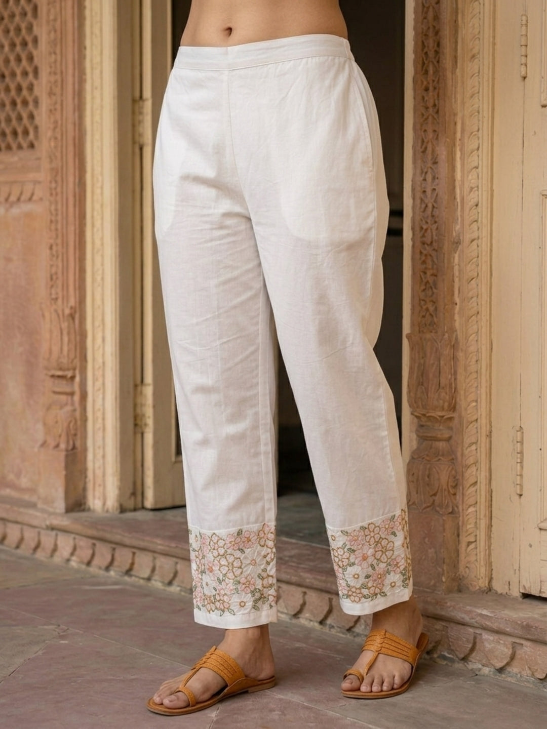White Solid Cotton A-Line Pleated Kurta Set with Floral Threadwork Embroidery & Palazzo