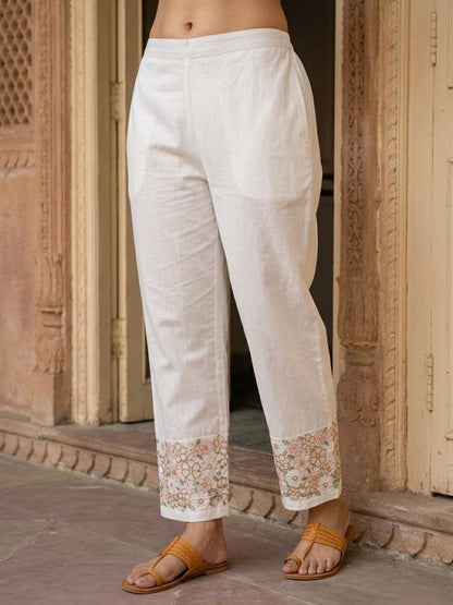 White Solid Cotton A-Line Pleated Kurta Set with Floral Threadwork Embroidery & Palazzo