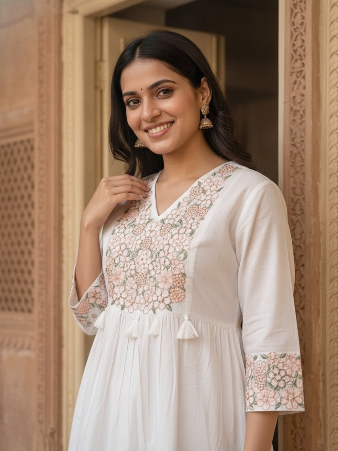 White Solid Cotton A-Line Pleated Kurta Set with Floral Threadwork Embroidery & Palazzo