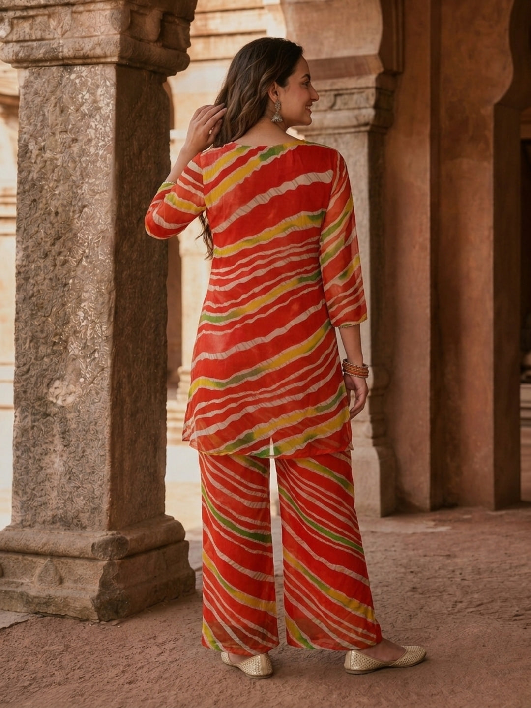 Orange Lehariya Print Chiffon A-Line Kurta Co-ord Set with Mirror & Sequin Work, Pant
