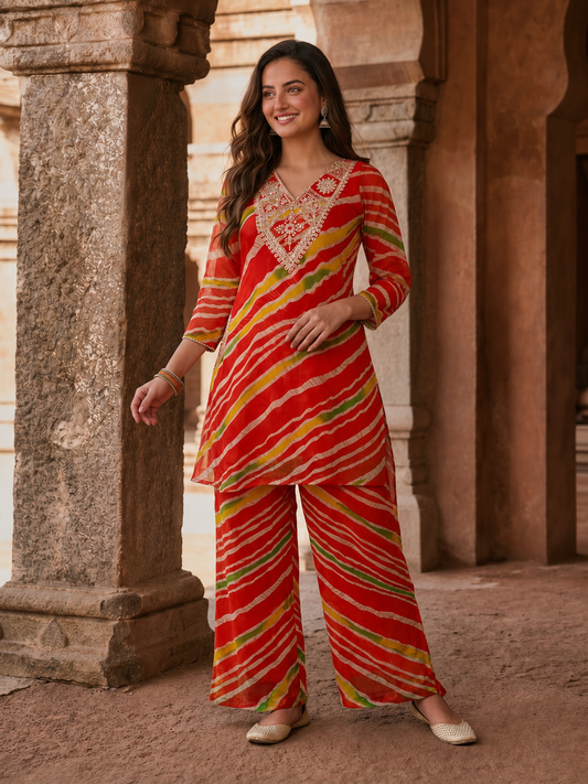 Orange Lehariya Print Chiffon A-Line Kurta Co-ord Set with Mirror & Sequin Work, Pant