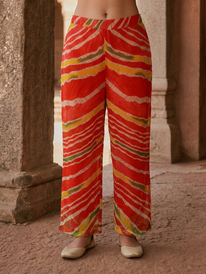 Orange Lehariya Print Chiffon A-Line Kurta Co-ord Set with Mirror & Sequin Work, Pant