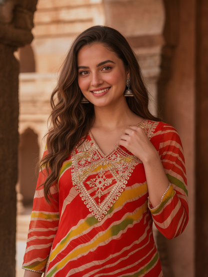 Orange Lehariya Print Chiffon A-Line Kurta Co-ord Set with Mirror & Sequin Work, Pant