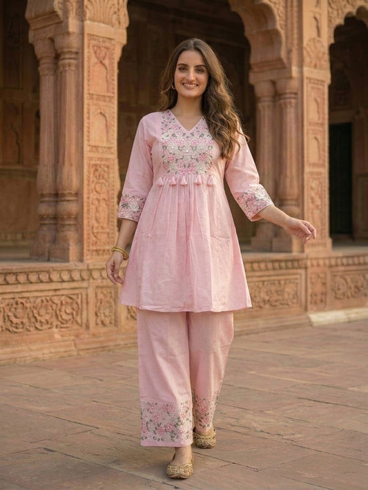 Pink Solid Cotton A-Line Pleated Kurta Set with Floral Embroidery, Sequins & Palazzo
