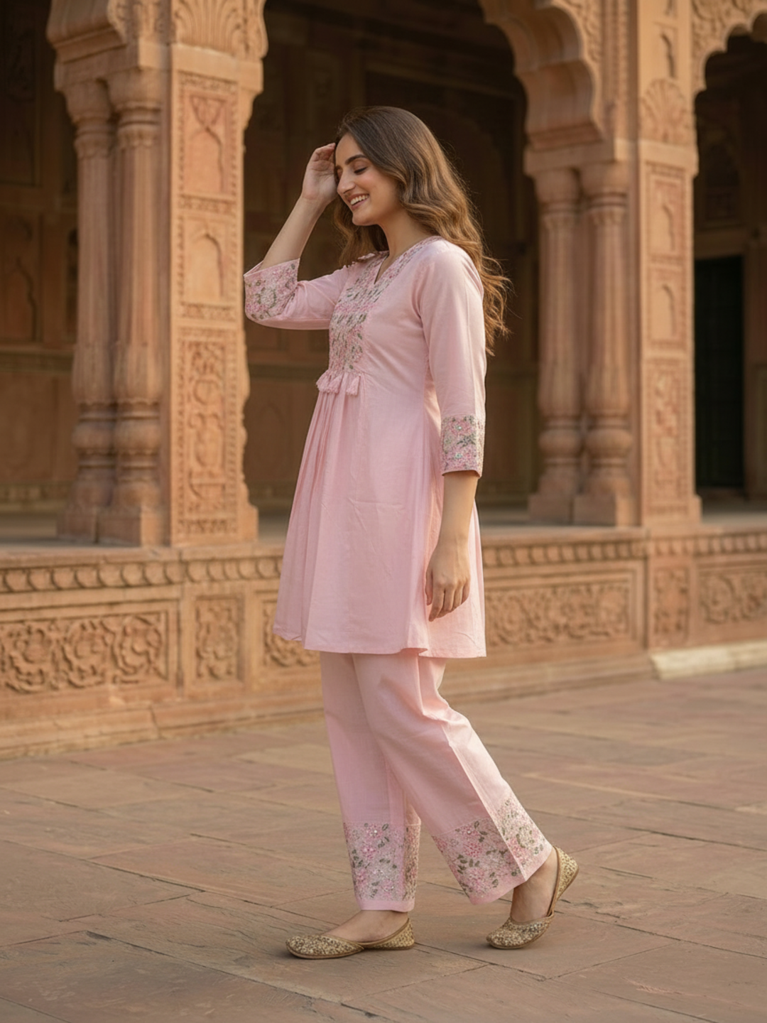 Pink Solid Cotton A-Line Pleated Kurta Set with Floral Embroidery, Sequins & Palazzo